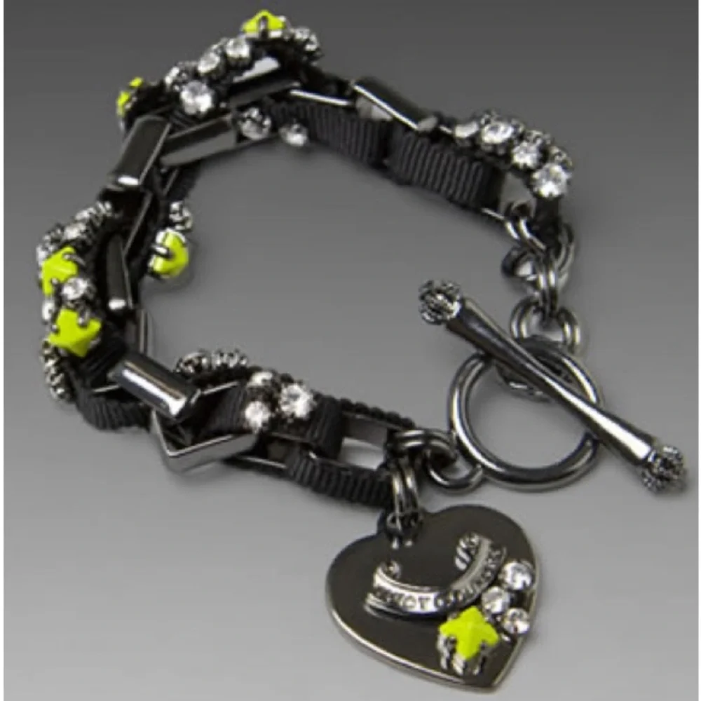 NWOT Juicy Couture Hematite Toggle Bracelet w/ Ribbon, Crystals, & Neon Studs
